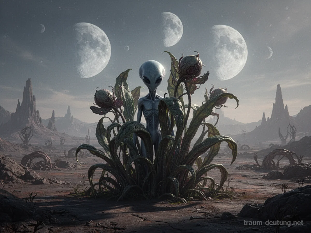 Schattenhafte Gestalt eines Aliens, das sich hinter einer außerirdischen Pflanze verbirgt.