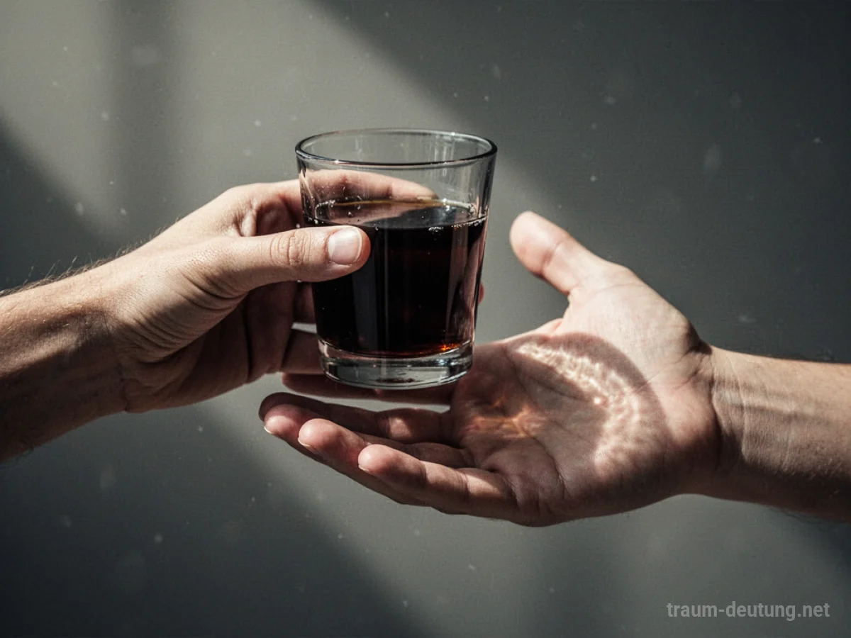 Eine Hand reicht ein Glas mit dunkler Flüssigkeit.