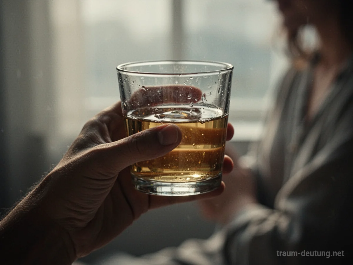 Hand hält ein Glas mit einer goldenen Flüssigkeit im Traum