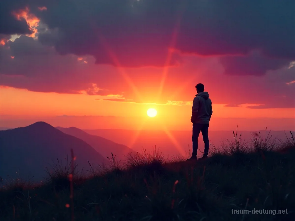 Eine einzelne Person steht auf einem Hügel und blickt in die Ferne bei Sonnenuntergang.