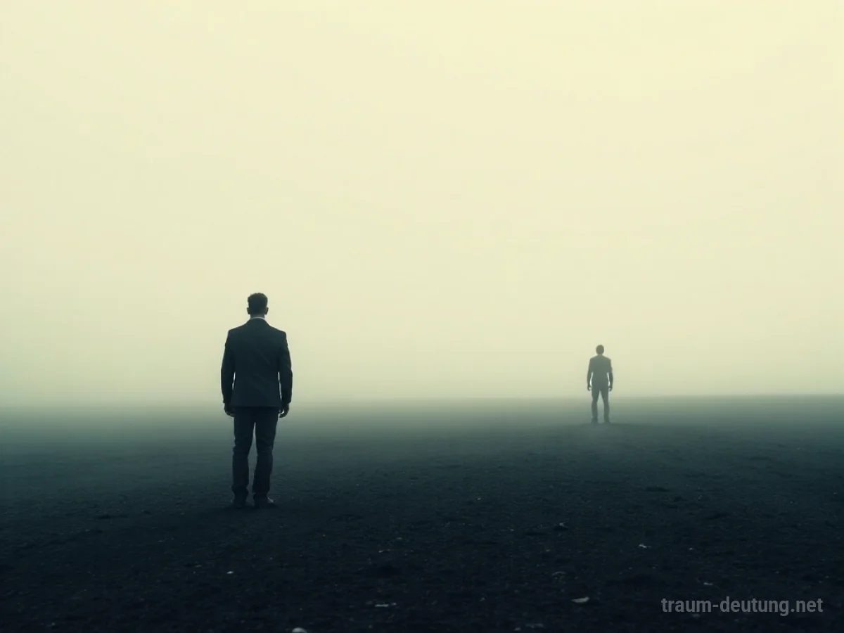 Einzelne Person steht am Rand einer weiten Landschaft, eine Silhouette entfernt sich.