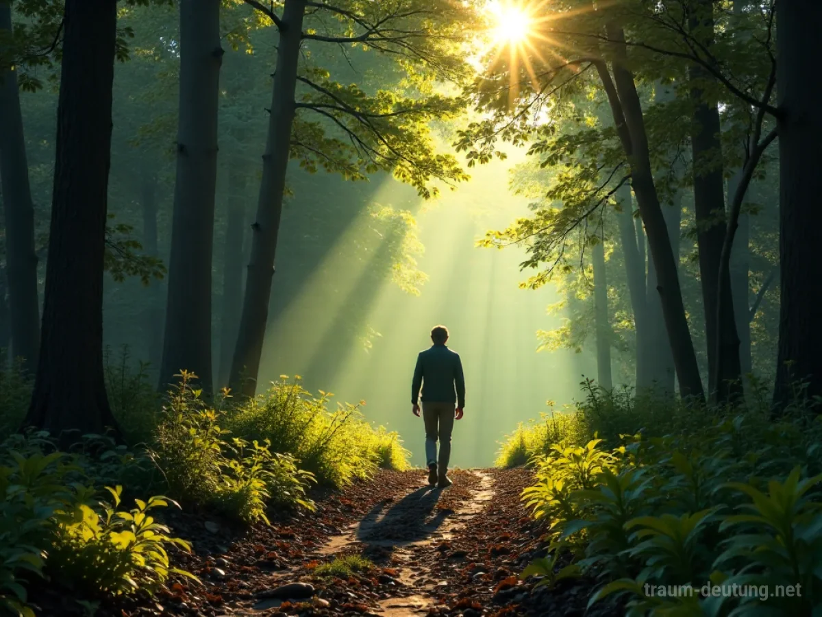 Einzelne Person geht auf einem Pfad durch einen hellen Wald.