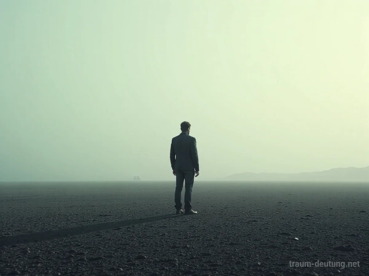 Eine einzelne Person steht allein in einer weiten, leeren Landschaft.