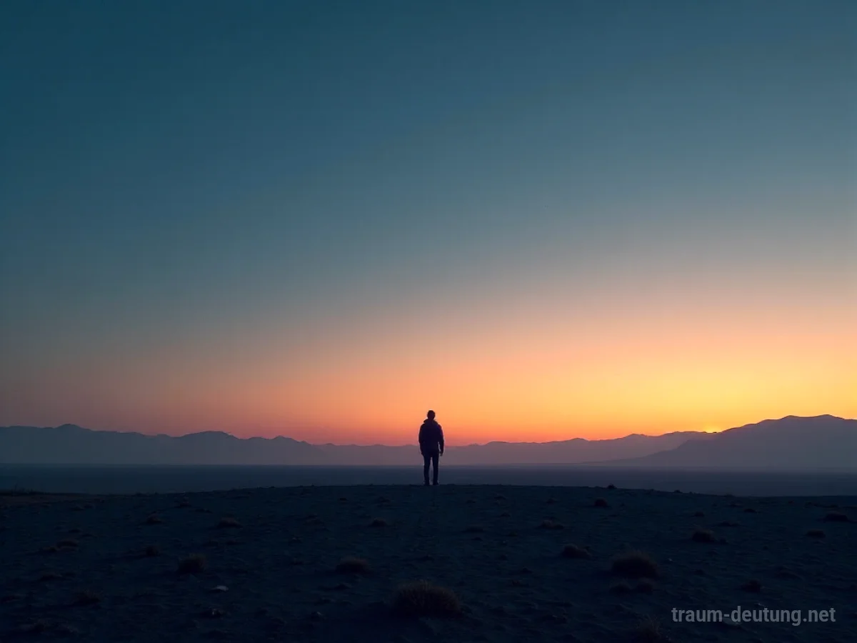 Eine einsame Figur steht am Rand einer weiten, leeren Landschaft im Zwielicht.