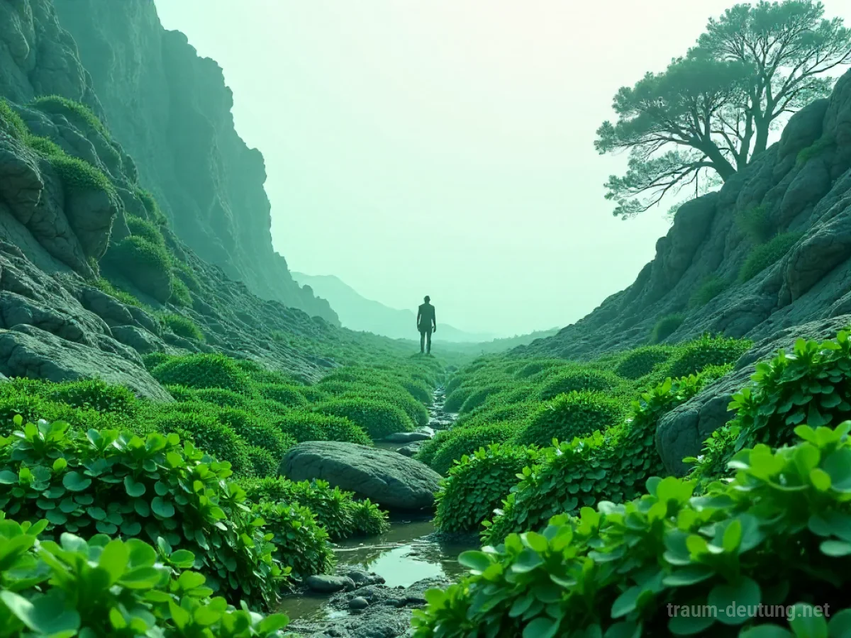 Landschaft, in der alles zu Algen wird, mit einer kleinen Figur im Vordergrund