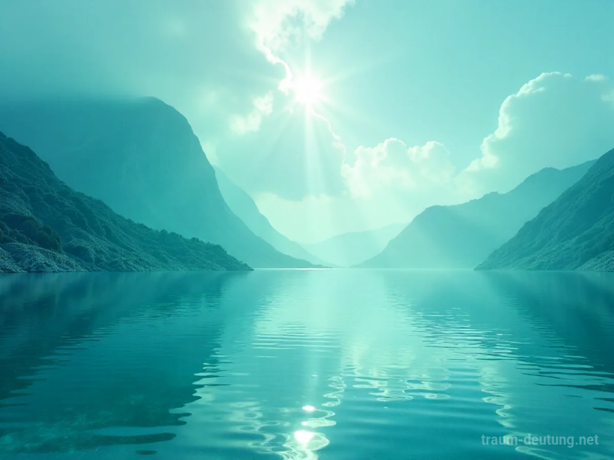 Eine Landschaft, in der alles in einem sanften aquamarinblauen Licht erstrahlt.