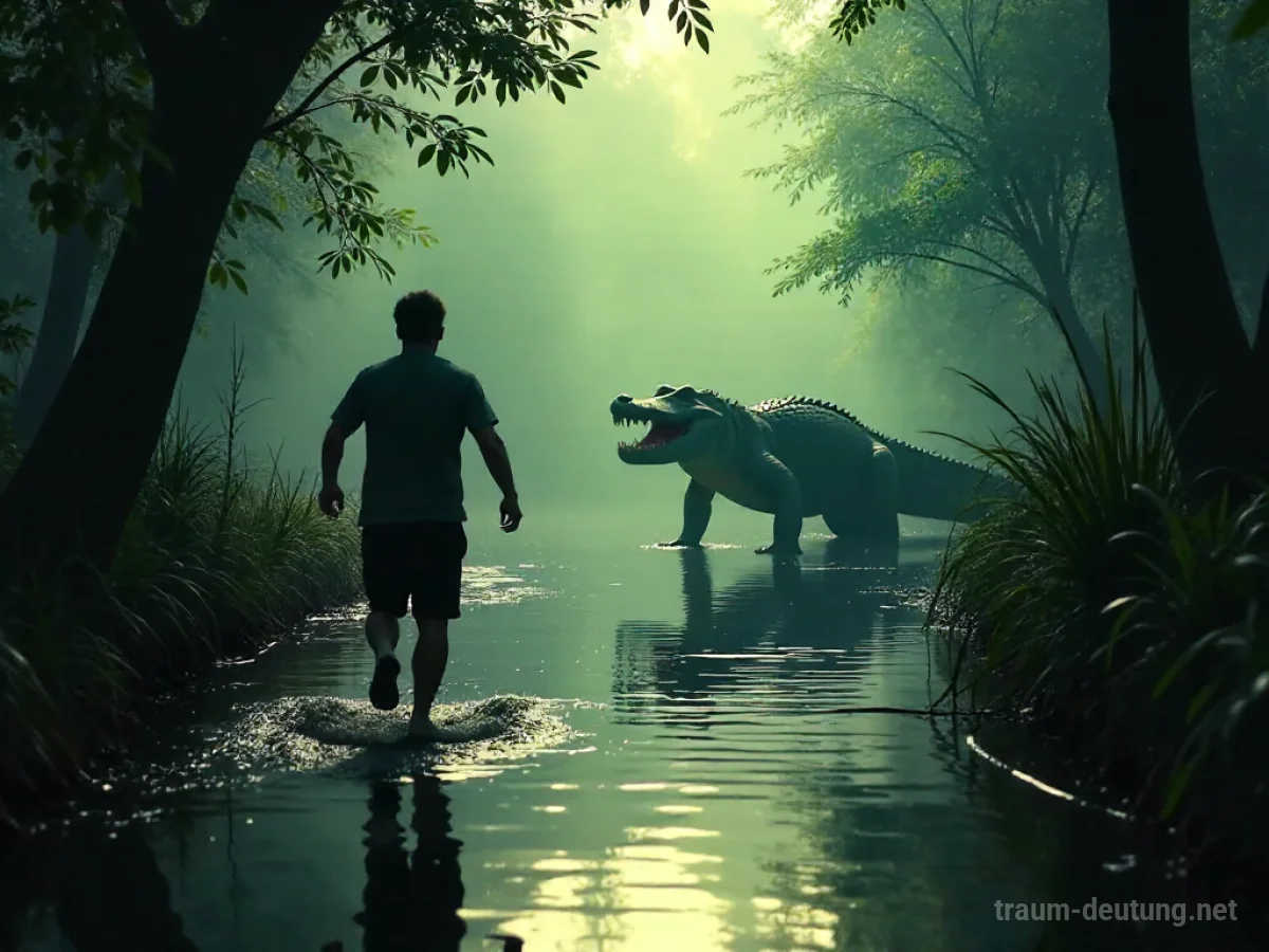 Person flieht vor einem Schatten-Alligator in einem Sumpf