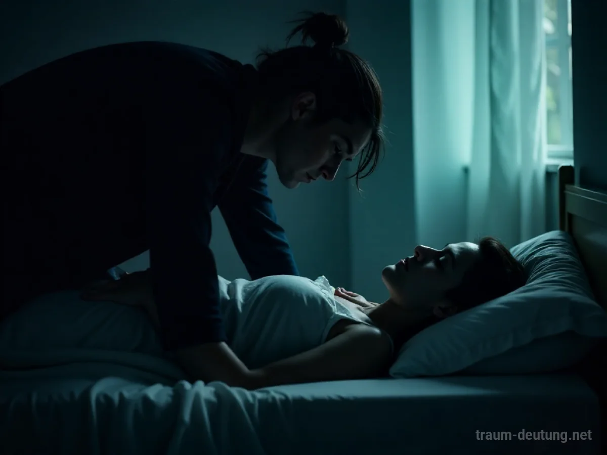 Eine dunkle Silhouette drückt auf eine Person im Bett.