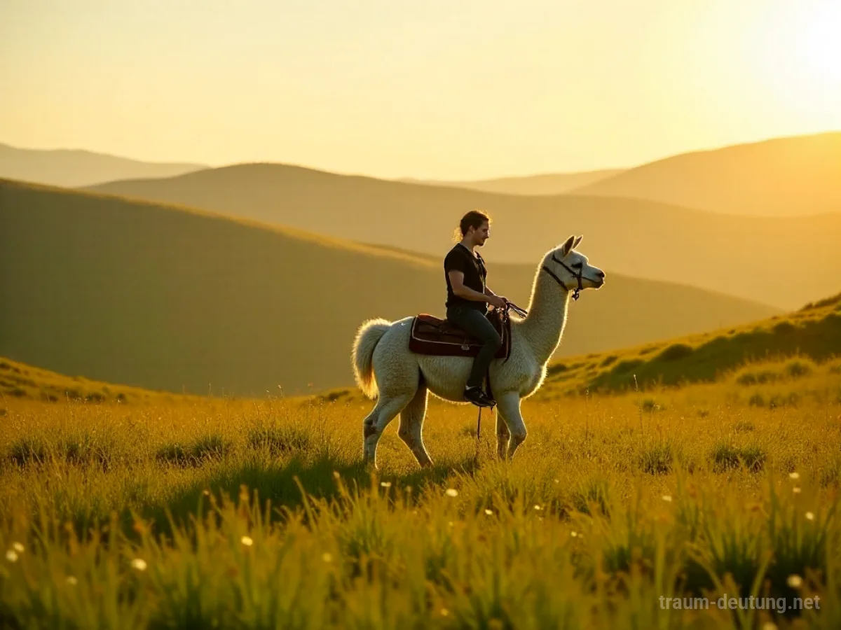 Eine Person reitet auf einem Alpaka durch eine sonnige Wiese.