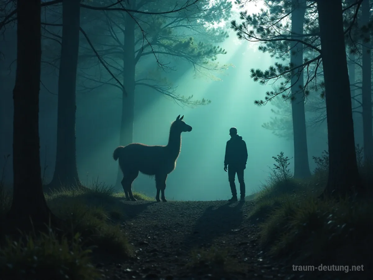 Eine Person wird von einem Alpaka in einem dunklen Wald verfolgt.
