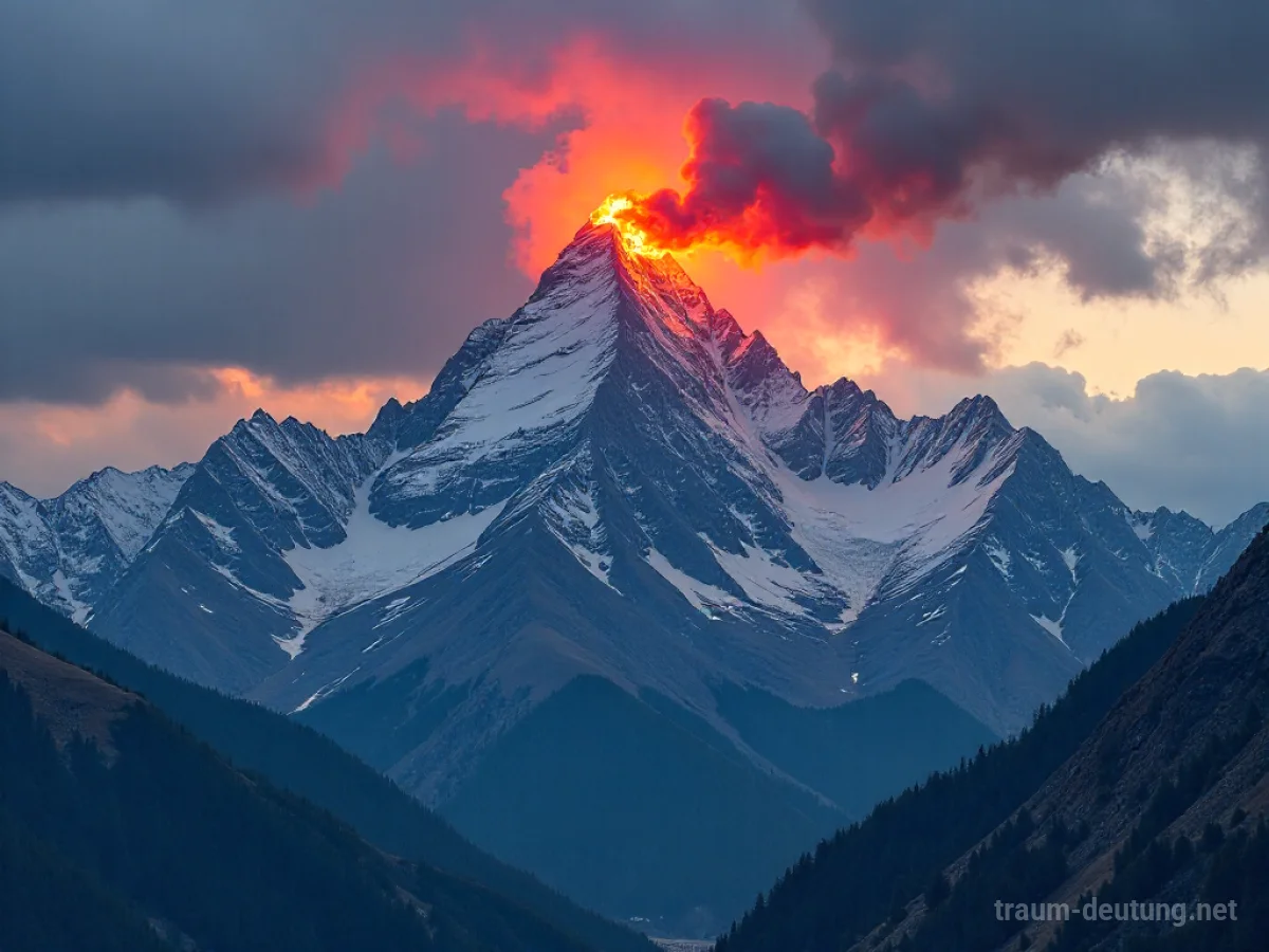 Brennende Alpen mit Flammen auf den Gipfeln und Rauch am Himmel.