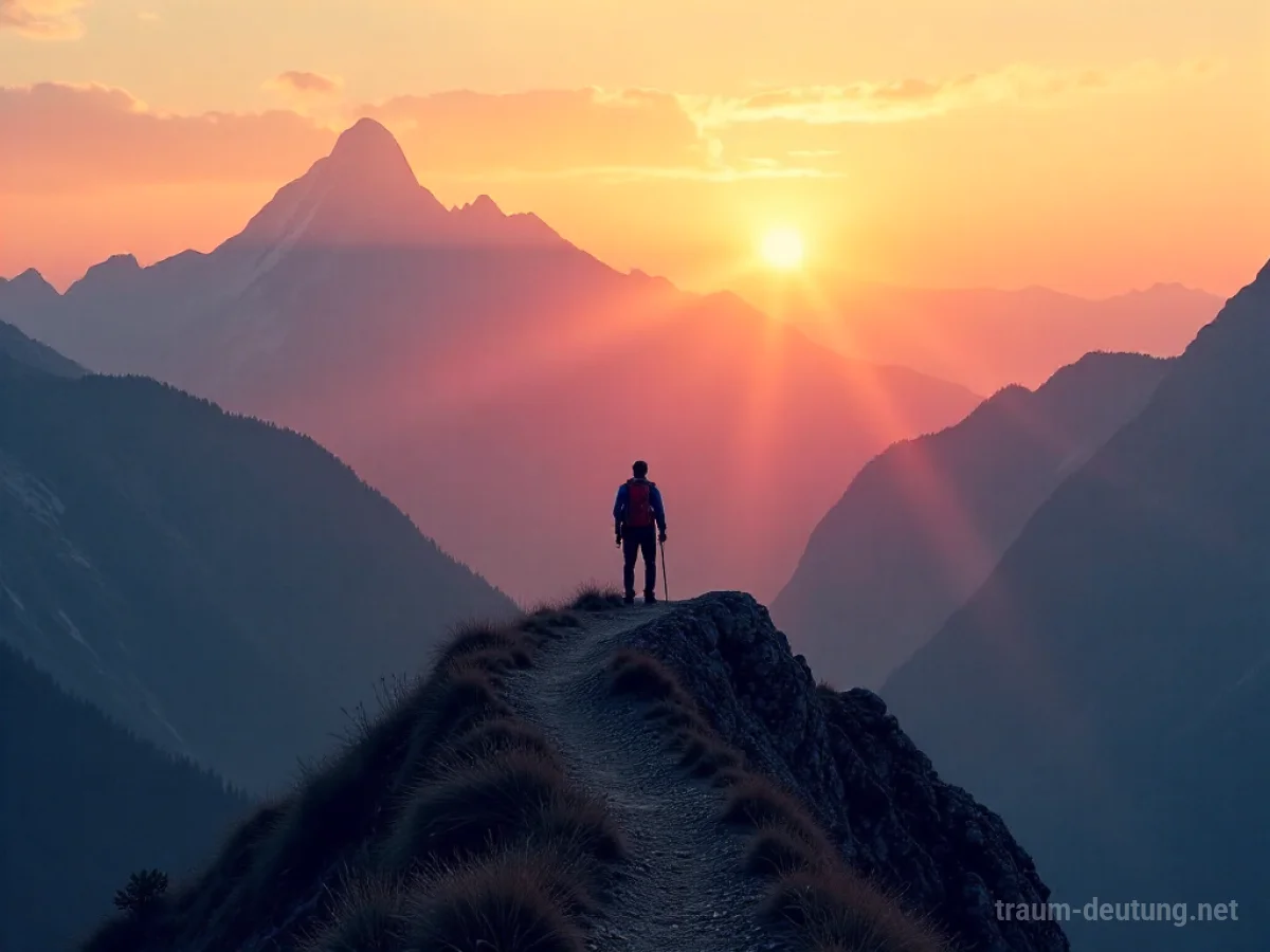 Eine Person wandert auf einem Bergpfad in den Alpen bei Sonnenaufgang.