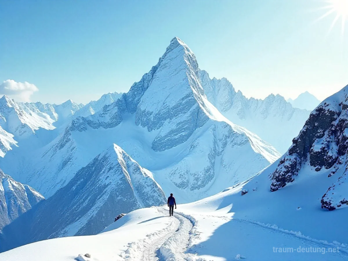 Hohe, schneebedeckte Alpen mit einem einsamen Wanderer auf einem Pfad.