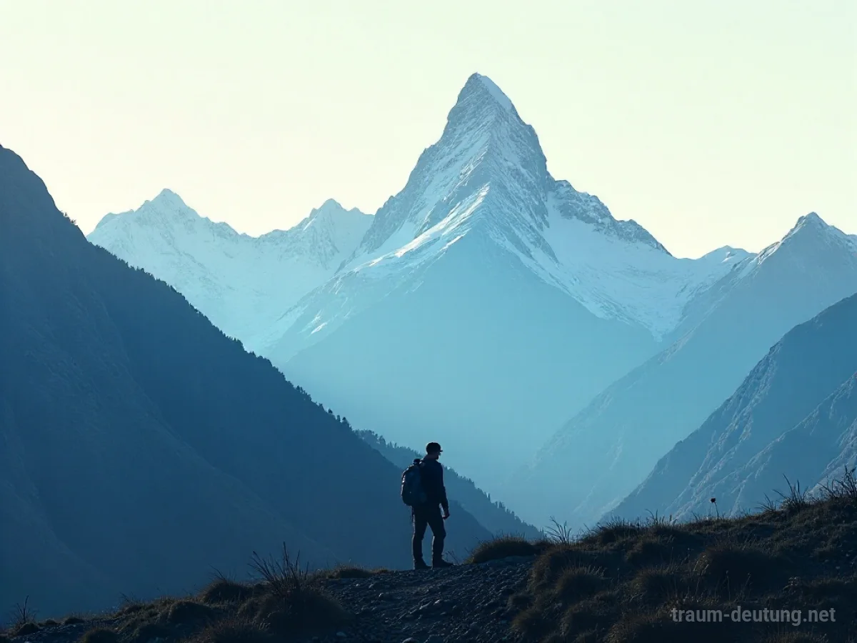 Wanderer steht auf einem Berggipfel und blickt in die Ferne, umgeben von majestätischen Alpen.