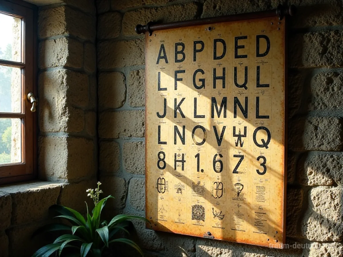 Ein Alphabet an einer alten Wand, Buchstaben sind teilweise verblasst