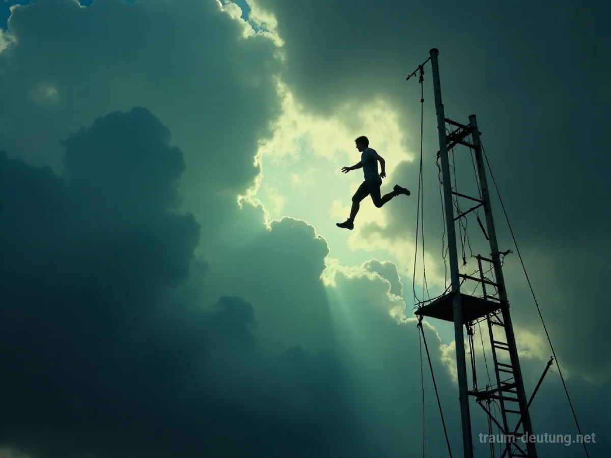 Eine einzelne Figur stürzt von einem Trapez in die Tiefe, vor einem dramatischen Himmel.