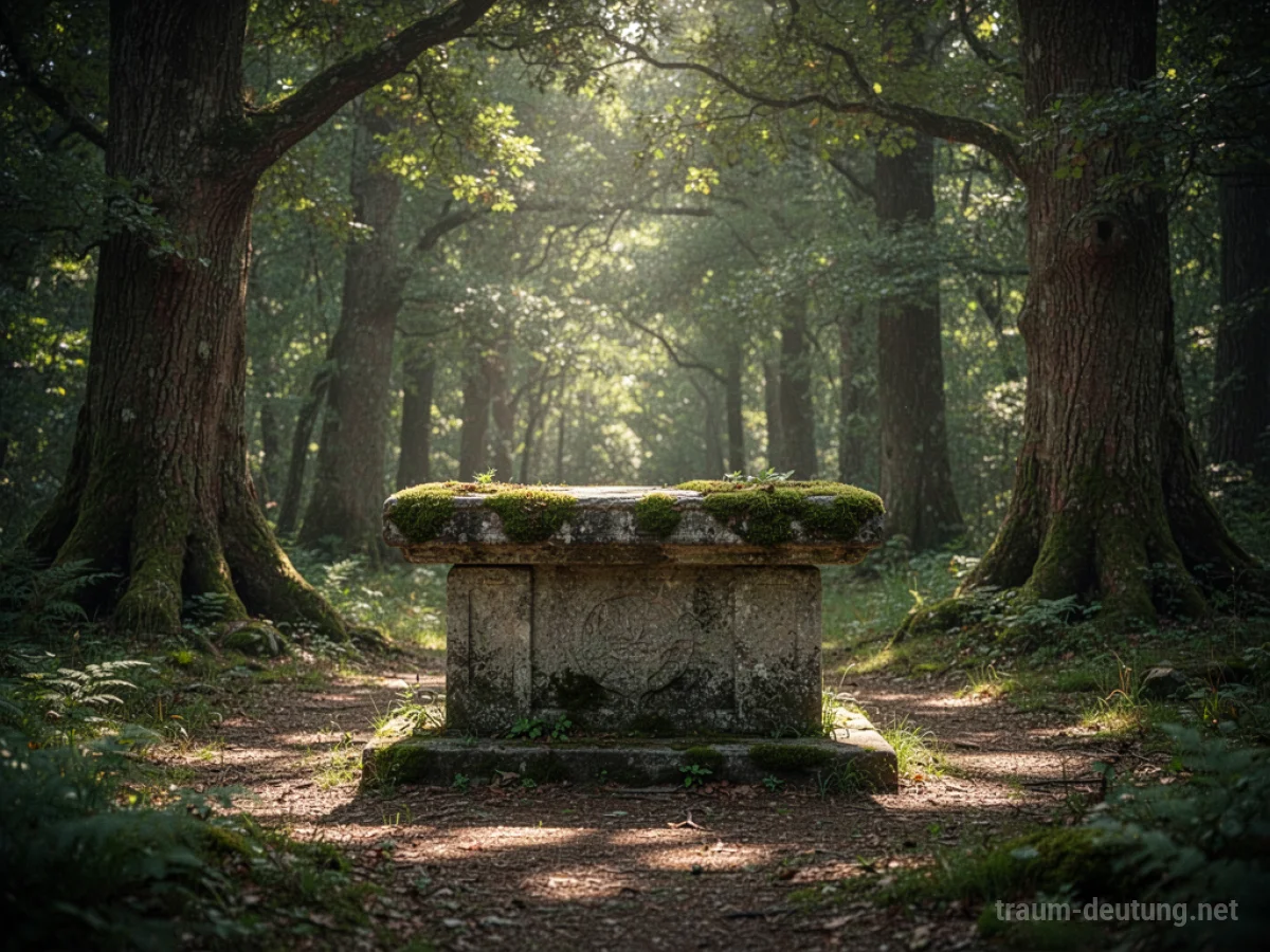 Ein Stein-Altar im dichten Wald, bedeckt mit Moos, im sanften Licht.