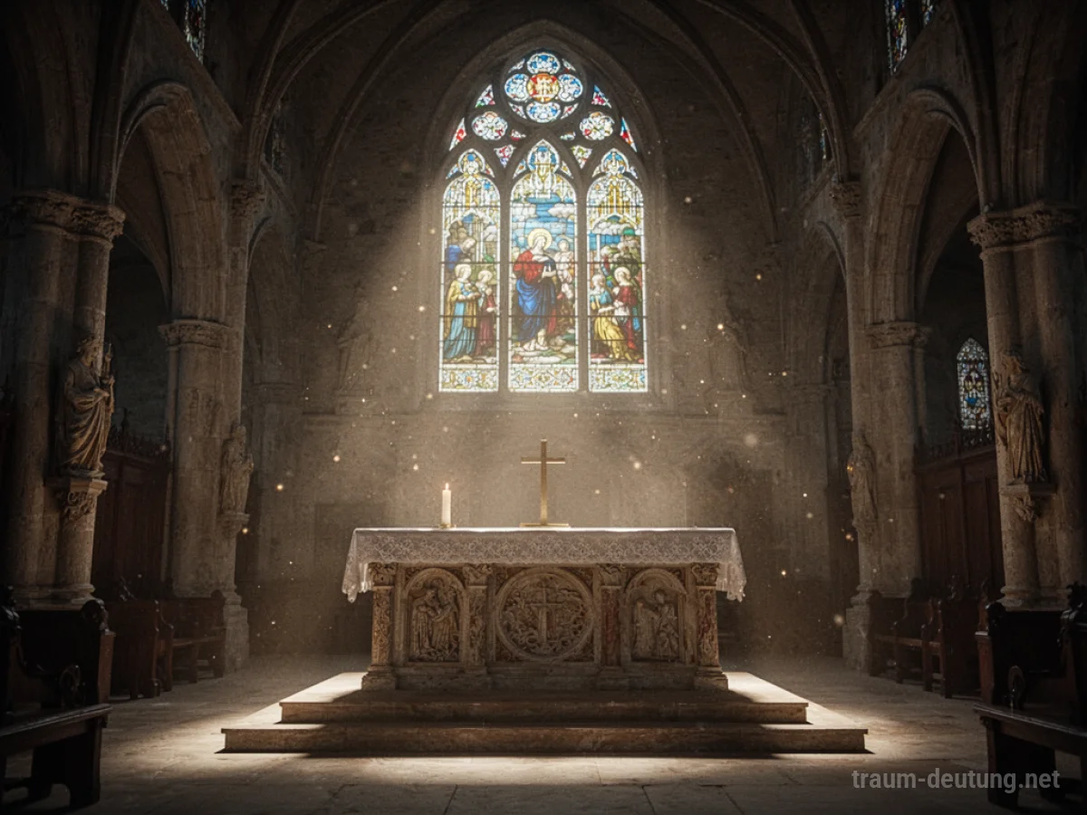 Ein leerer, verzierter Altar in einer großen, gedämpft beleuchteten Kirche mit Sonnenstrahlen, die durch ein Buntglasfenster fallen.