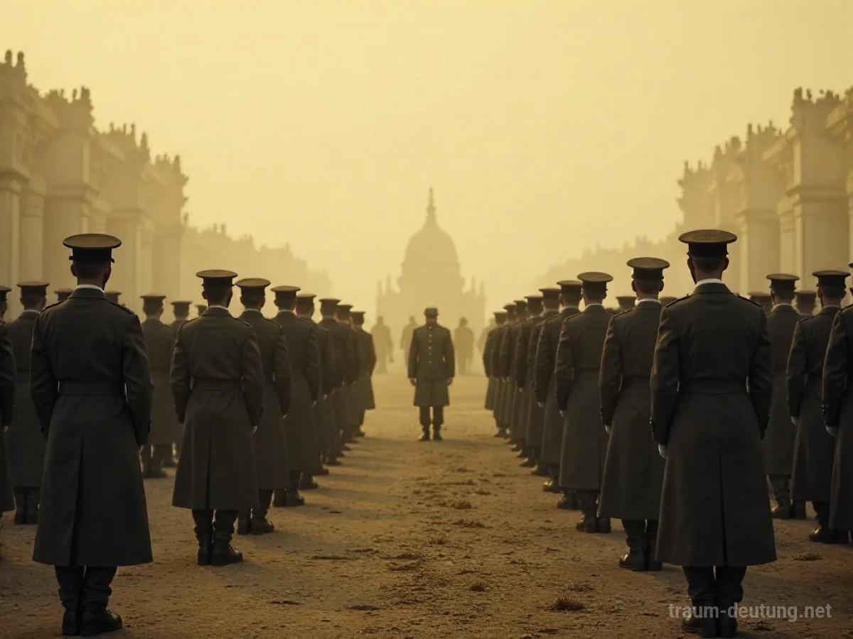 Eine alte Armee in historischen Uniformen steht in Formation auf einem Exerzierplatz.