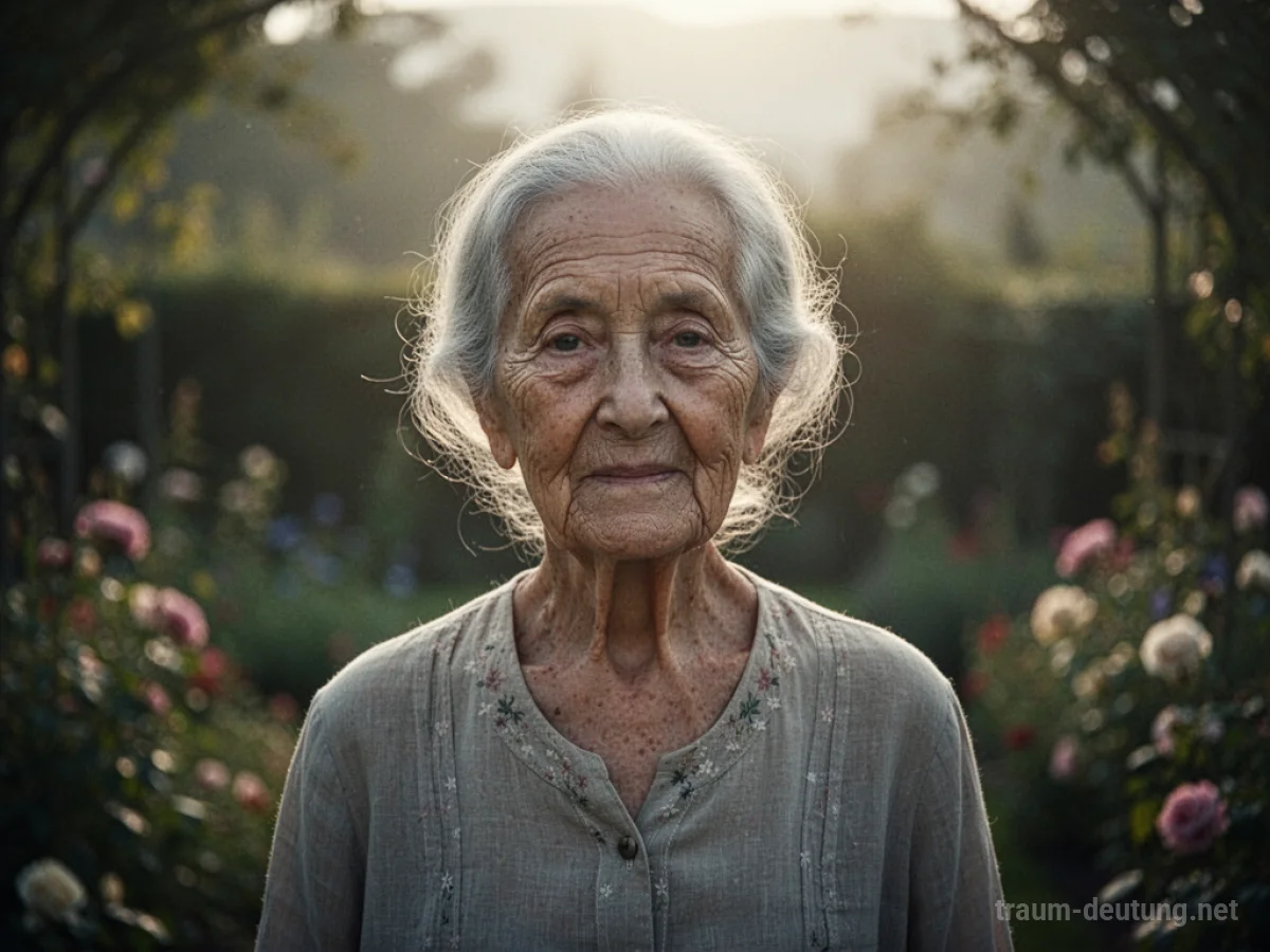 Eine alte Frau mit freundlichen Augen steht in einem sonnigen Garten.