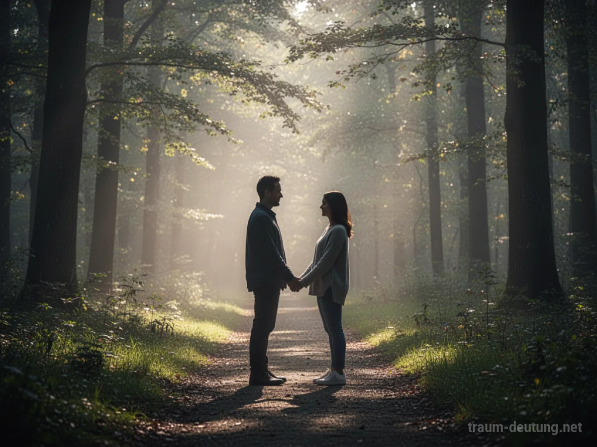 Zwei Silhouetten treffen sich auf einem Waldweg, Sonnenlicht filtert durch die Bäume.