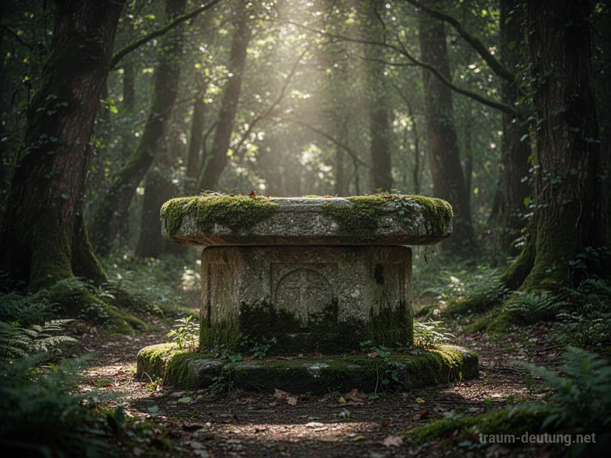 Alter Stein-Altar im Moos, beleuchtet von Sonnenstrahlen im Wald