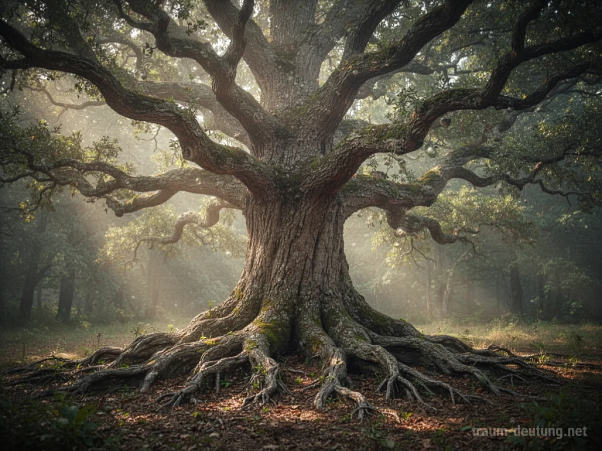 Ein alter Baum mit tiefen Wurzeln und knorrigen Ästen, im sanften Licht stehend.