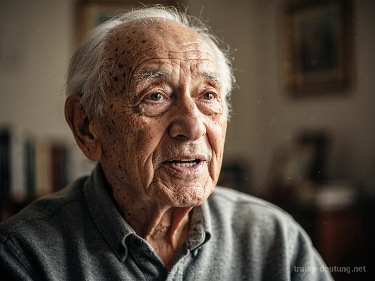 Ein älterer Mann spricht mit ruhigem Gesichtsausdruck in einer hellen Umgebung.