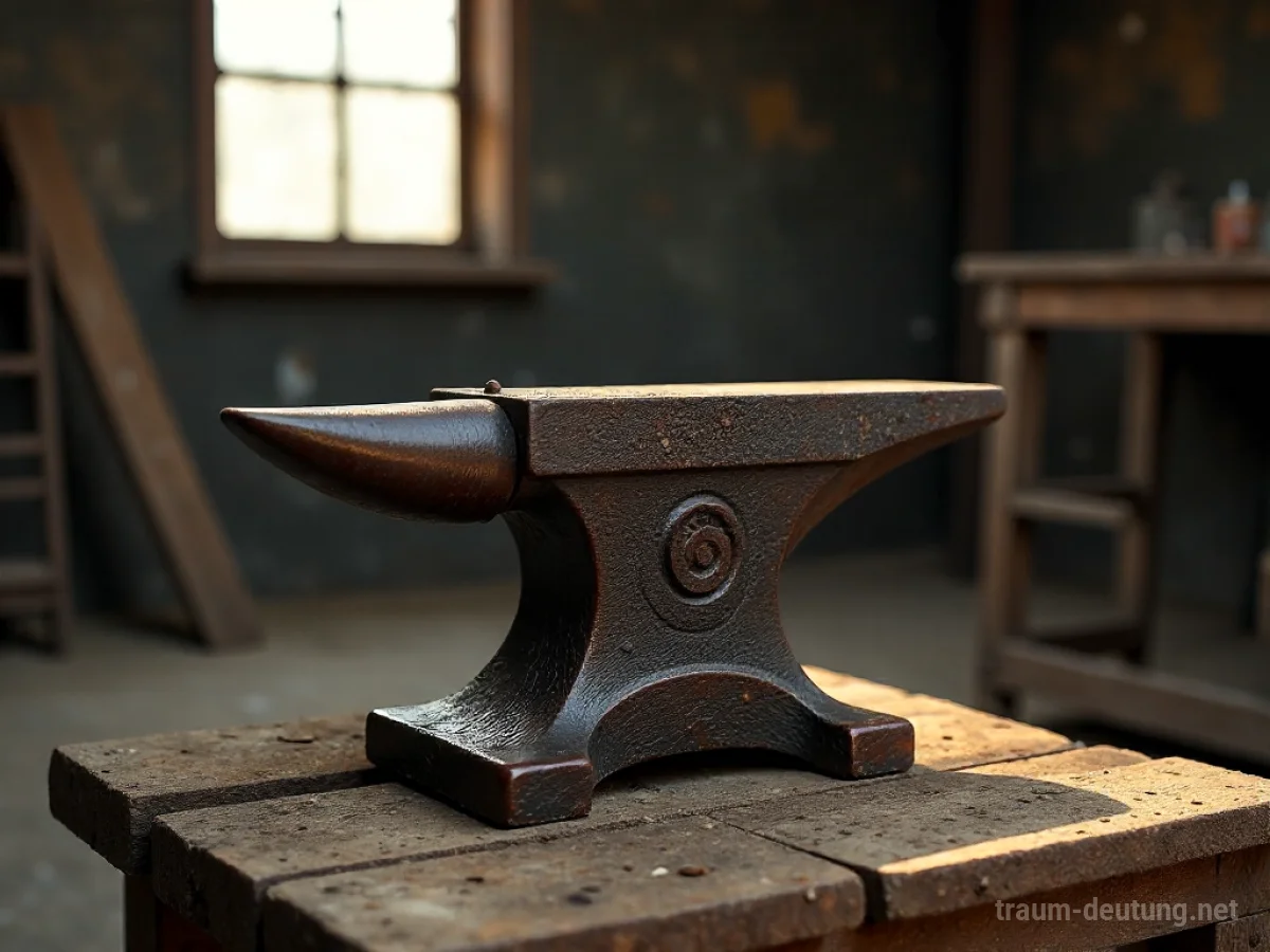Ein alter, rostiger Amboss steht in einer Werkstatt