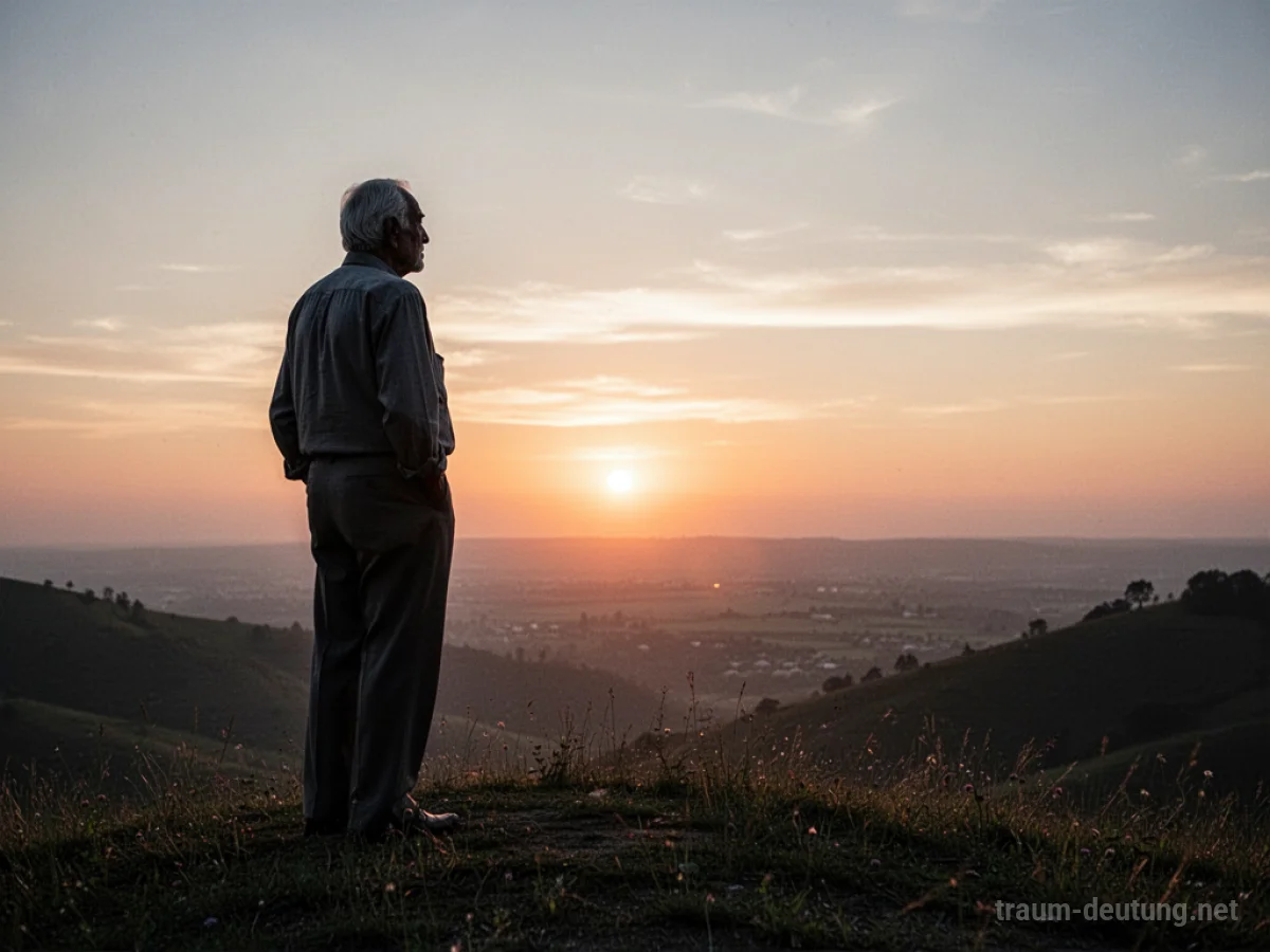 Silhouette eines alten Mannes, der auf einem Hügel steht und bei Sonnenuntergang auf den Horizont blickt.
