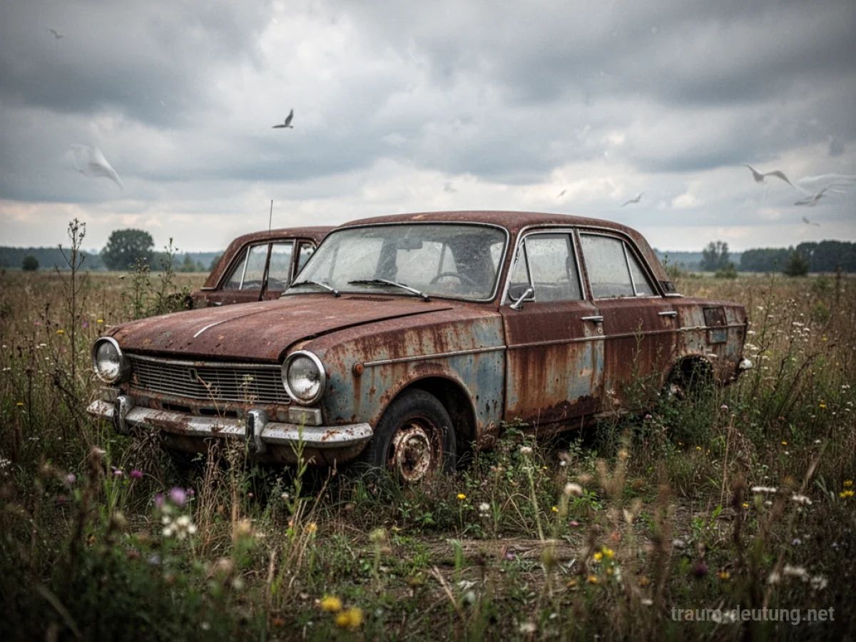 Ein altes, rostiges Auto steht verlassen auf einem Feld.