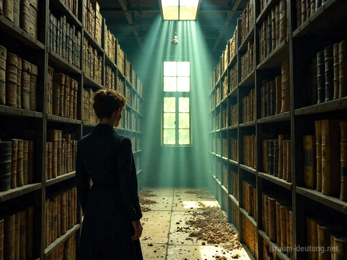 Alter staubiger Archivraum mit Regalen voller Bücher und Dokumente