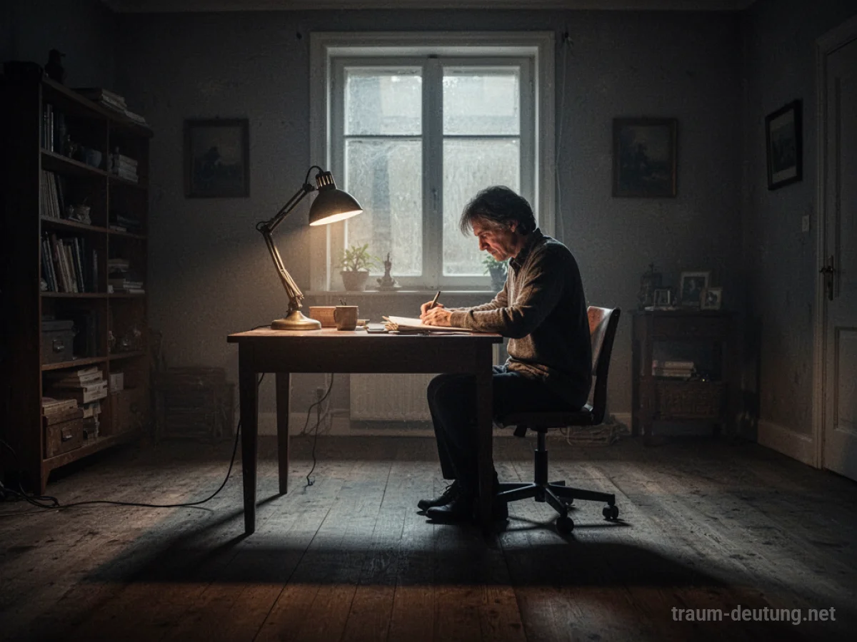 Eine Person arbeitet spät abends an einem Schreibtisch im Schein einer Lampe.
