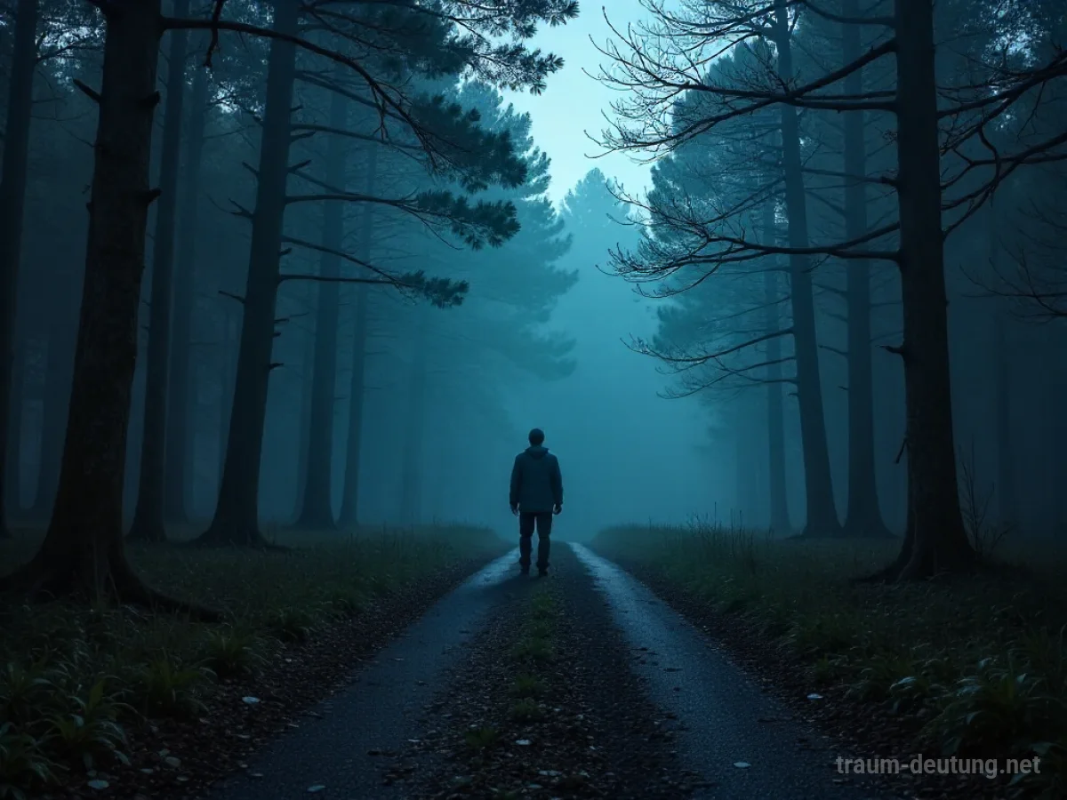 Eine einsame Person steht im Zwielicht an einer Weggabelung im Wald.