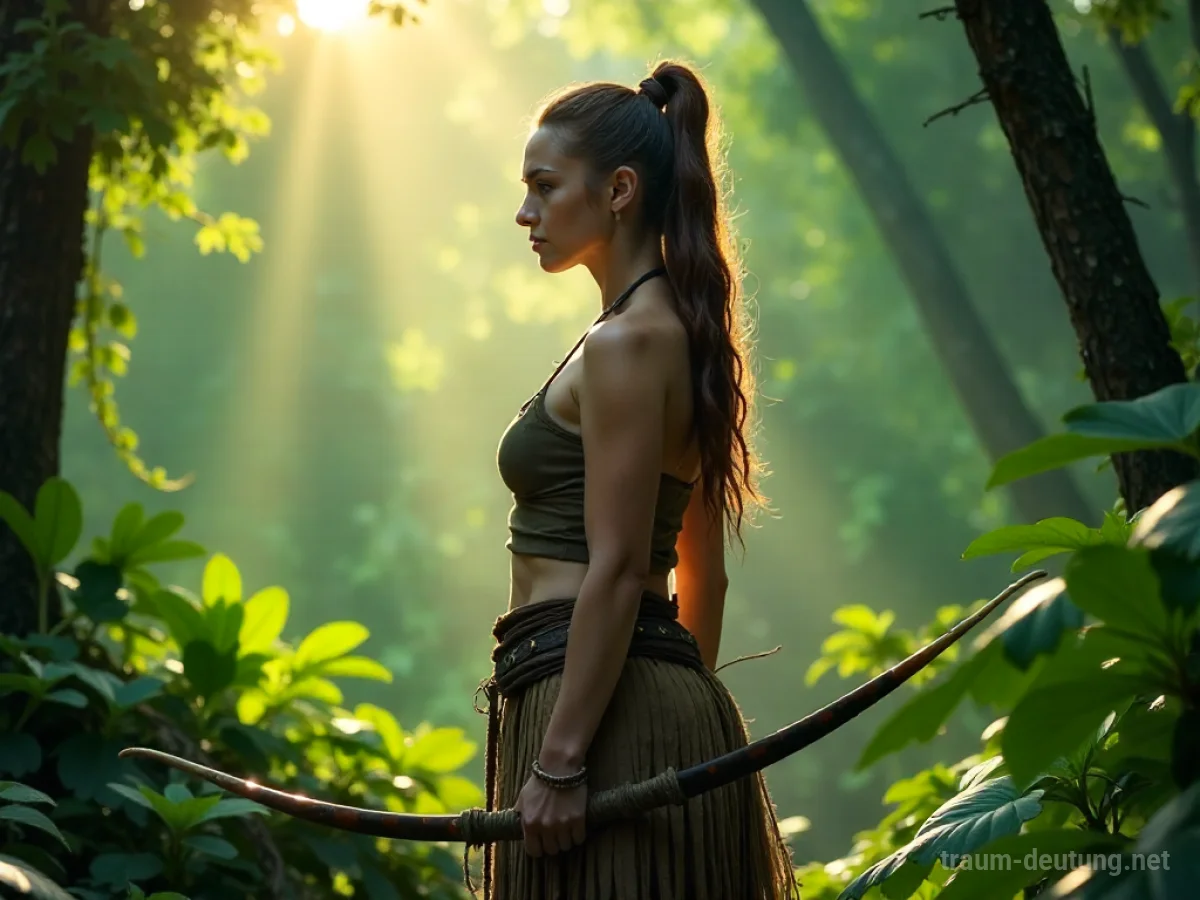 Eine Amazone steht entschlossen in einem dichten Dschungel.