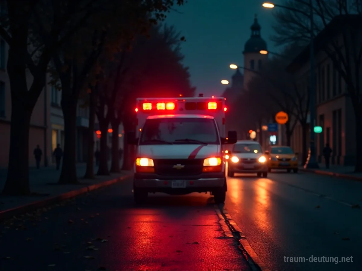 Ambulanz fährt auf einer dunklen Straße vorbei, Blaulicht wirft Schatten.