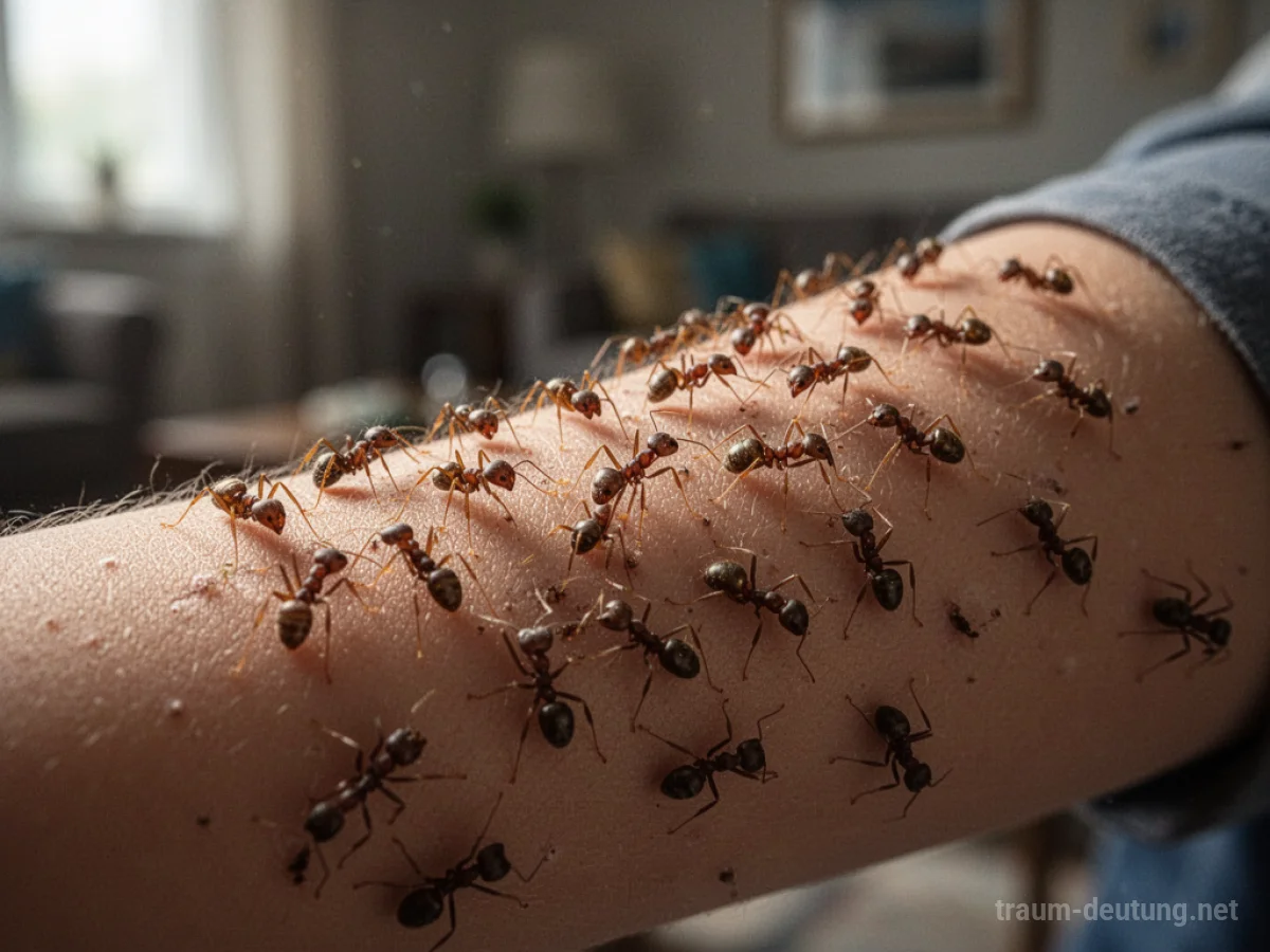 Ameisen krabbeln auf einem menschlichen Arm.