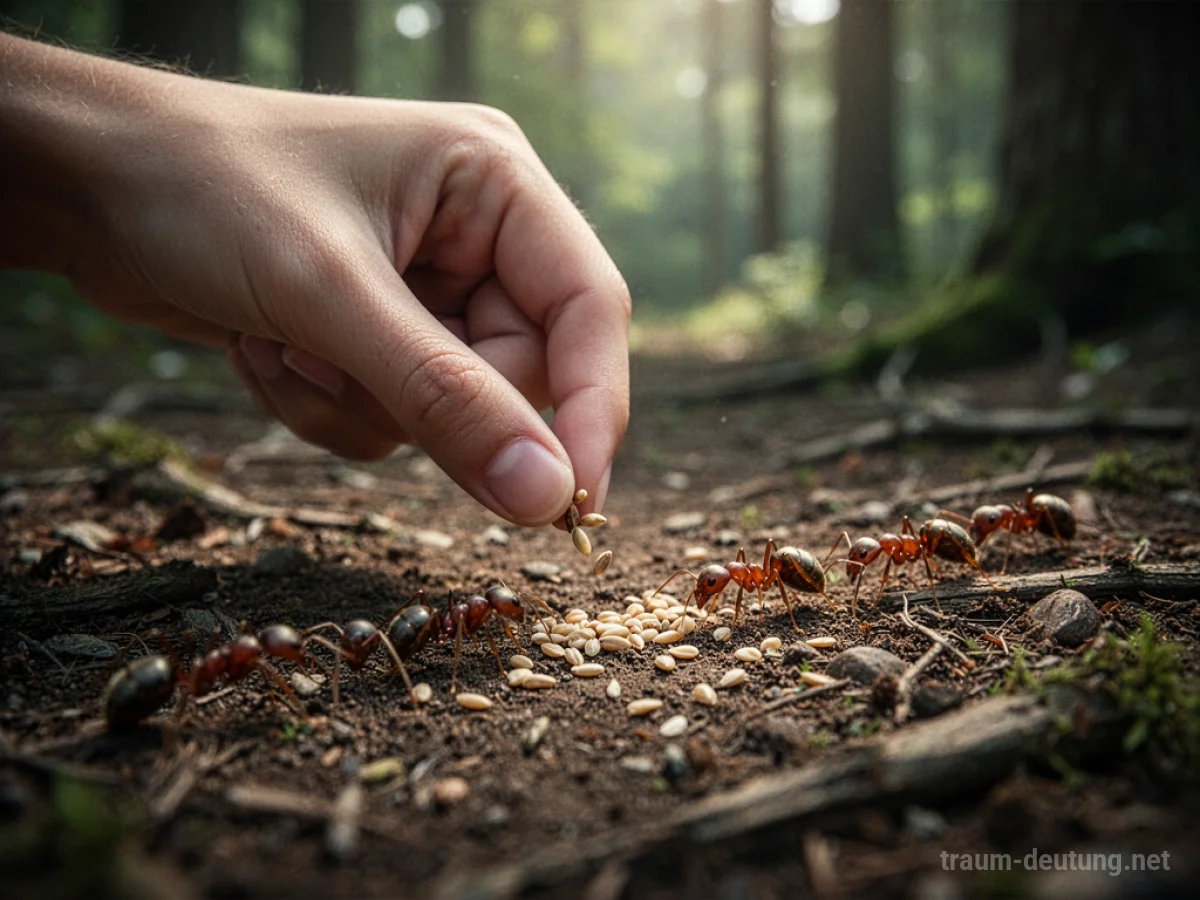 Hand legt Samen vor eine Ameisenstraße im Wald.