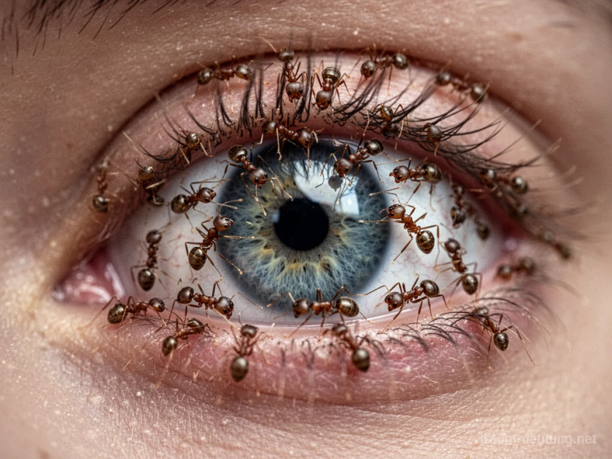 Ameisen, die über ein menschliches Auge krabbeln.