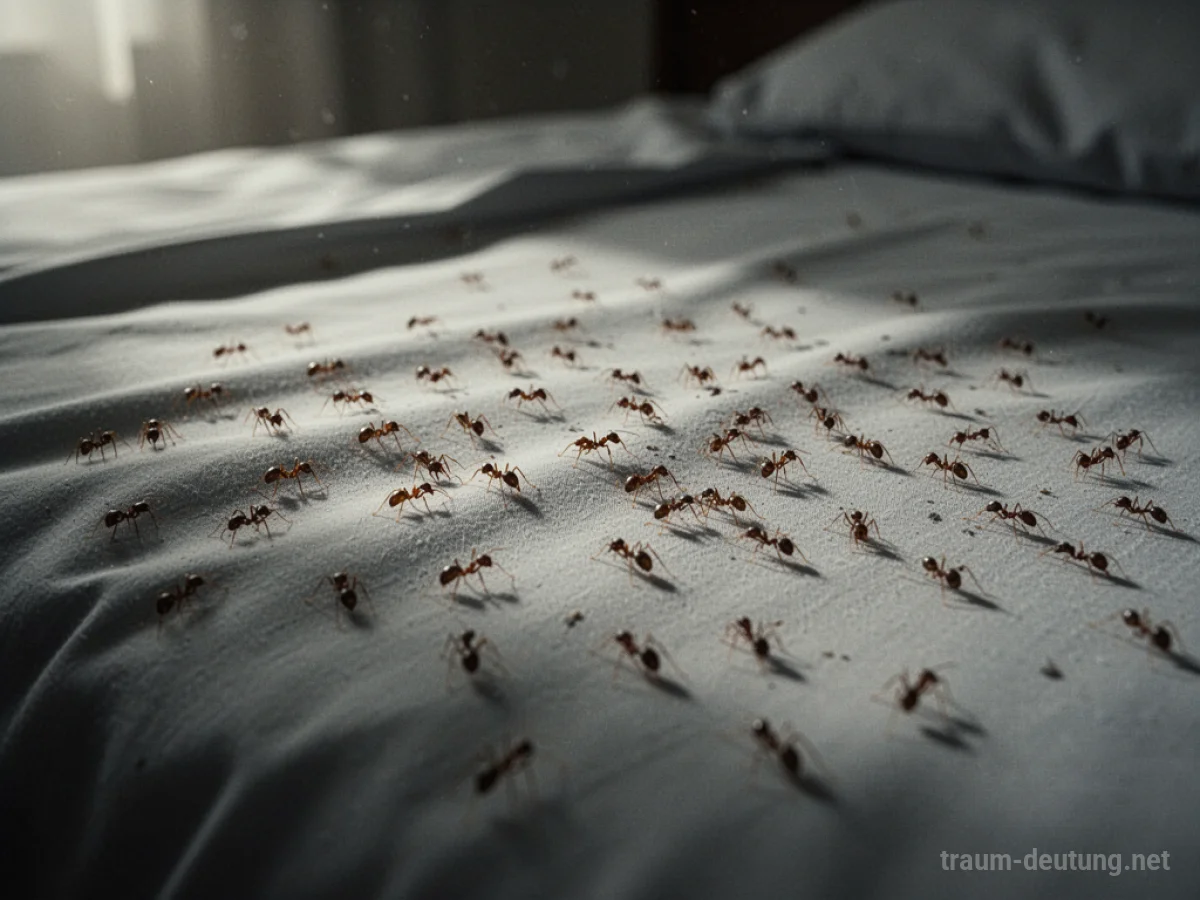 Ameisen krabbeln auf einem Bett. Die Szene wirkt unruhig.