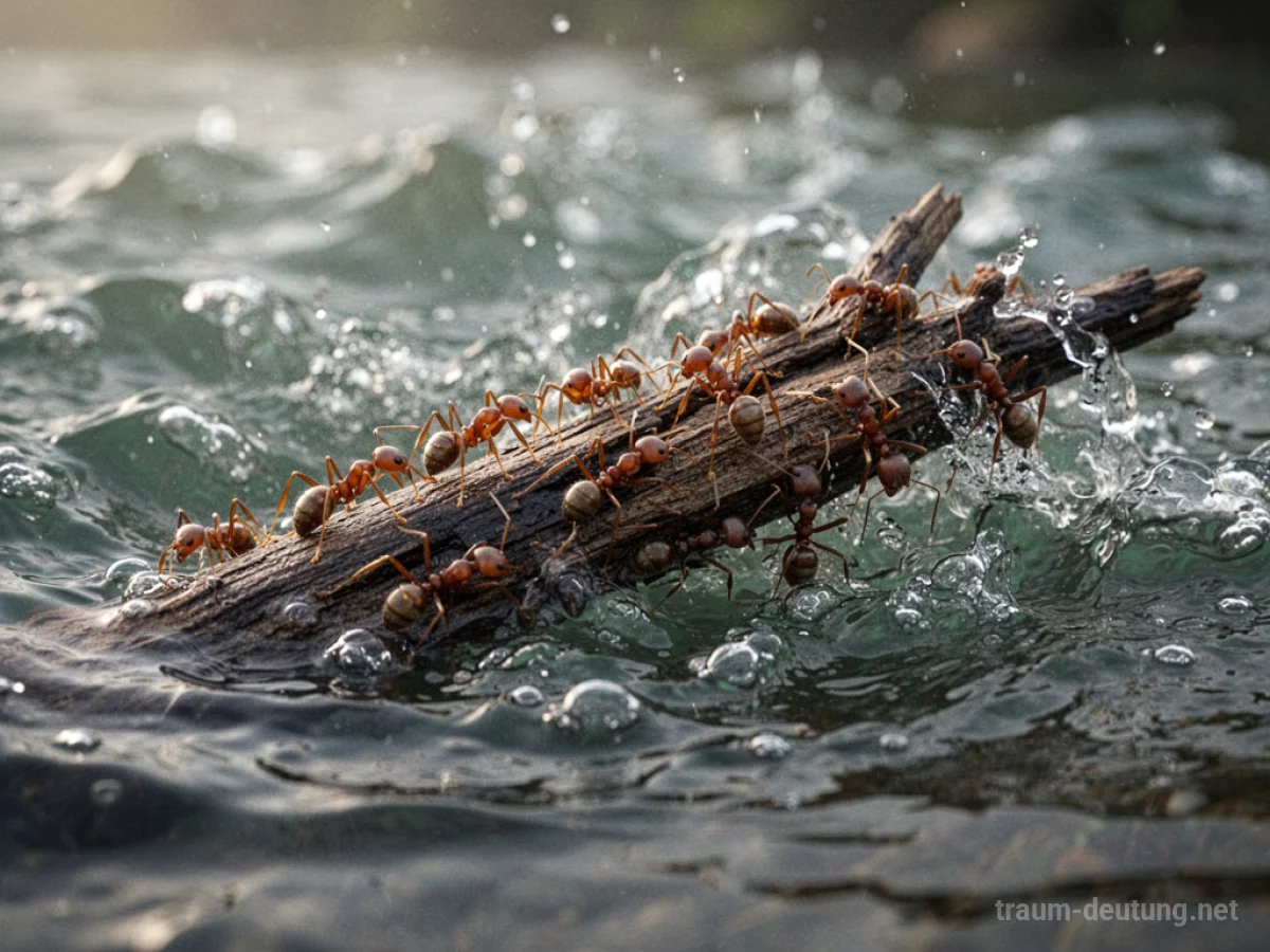 Ameisen kämpfen sich durch stark bewegtes Wasser, einige klammern sich an Treibgut.