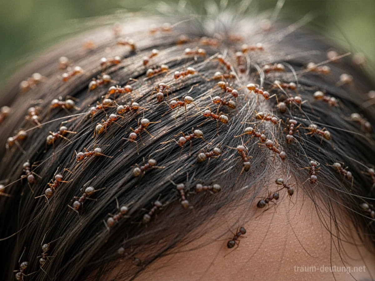 Nahaufnahme von Ameisen, die auf dem Haar einer Person krabbeln.