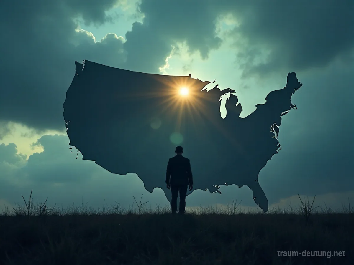 Symbolische Darstellung von Amerika im Krieg mit stürmischen Wolken über der Landessilhouette.