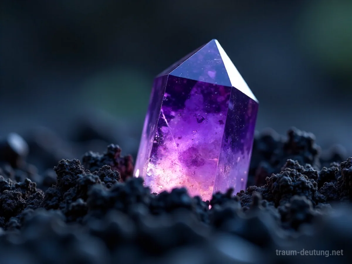 Ein klarer Amethystkristall ragt aus dunkler Erde hervor und strahlt sanftes Licht aus.