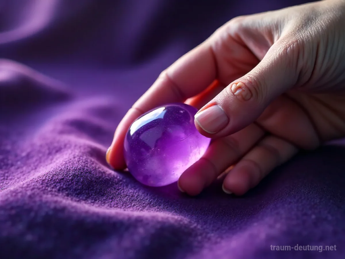 Hand legt lila Amethyst auf Samttuch