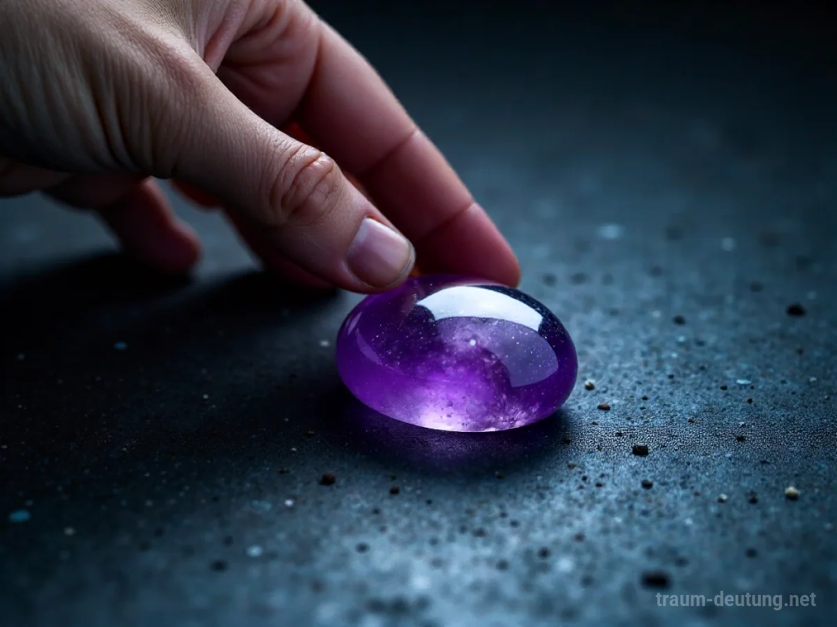 Eine Hand greift nach einem verlorenen Amethyststein auf dunklem Untergrund