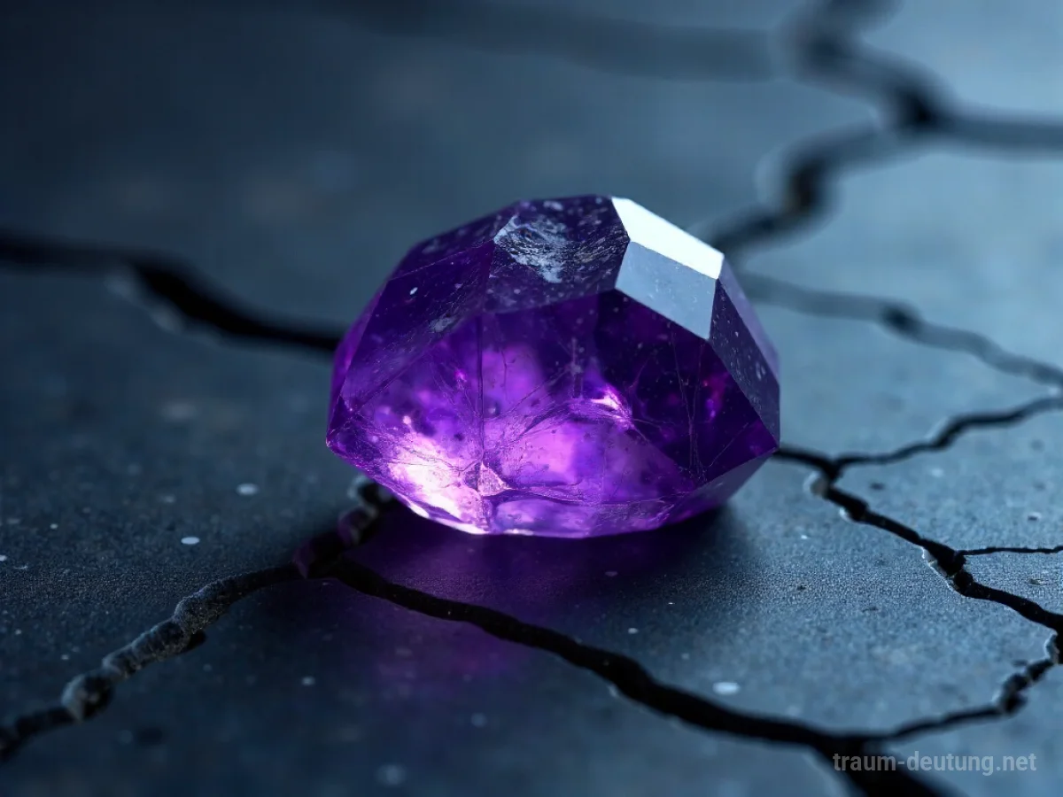 Ein zerbrochener Amethyst auf dunklem Grund, mit sichtbaren Rissen.