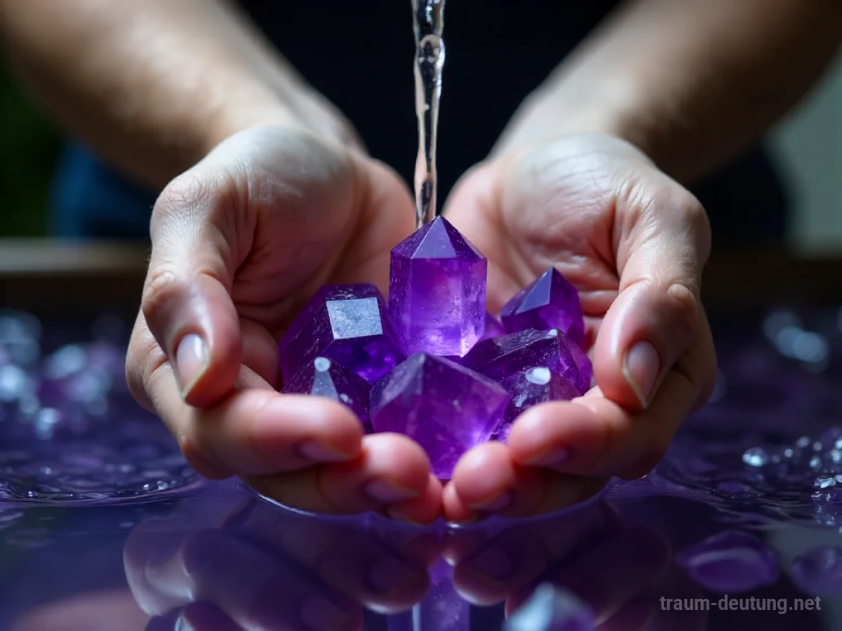 Hände reinigen Amethyste unter fließendem Wasser