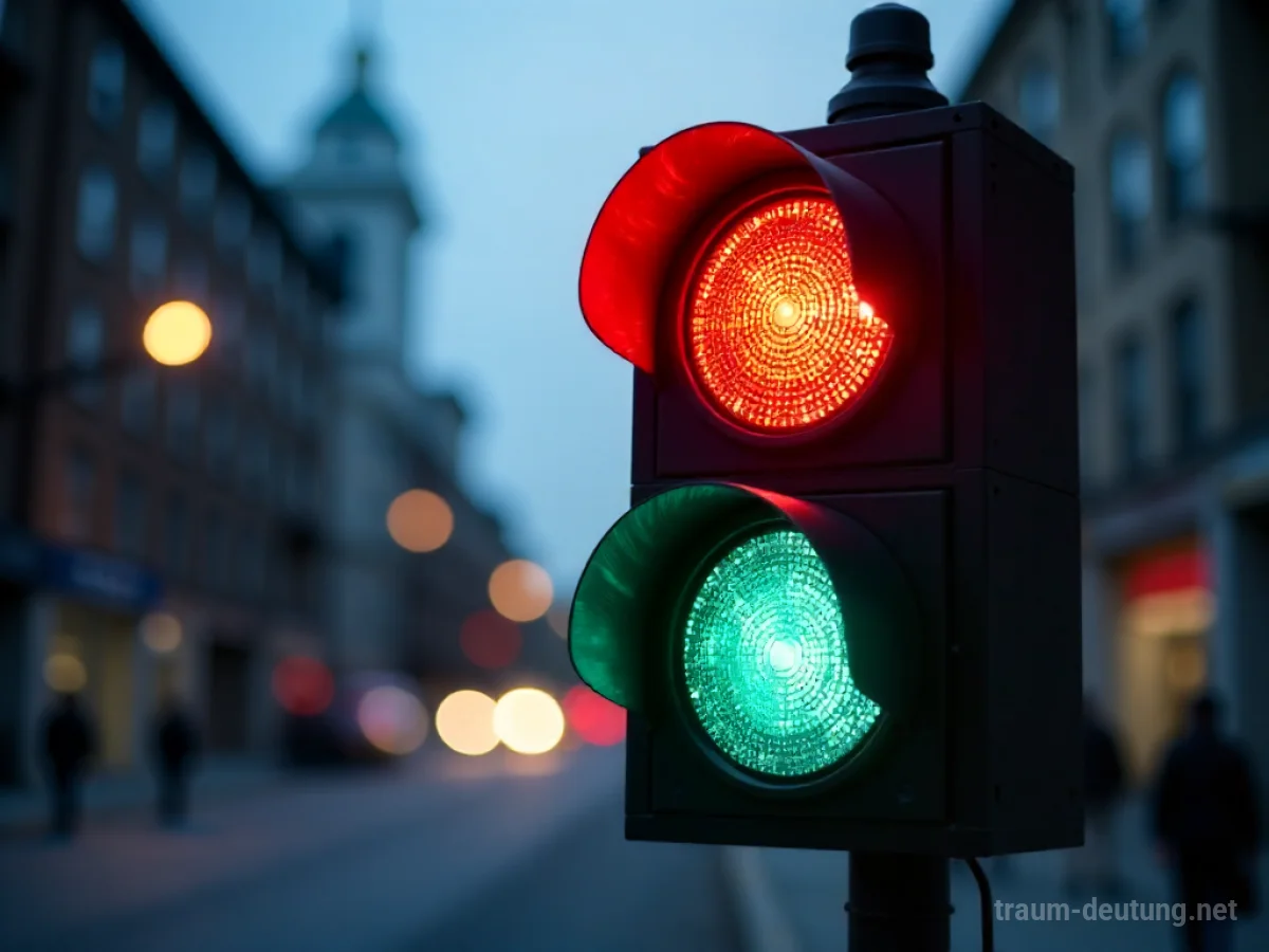 Ampel mit gleichzeitig grün und rot leuchtenden Lichtern in der Dämmerung.