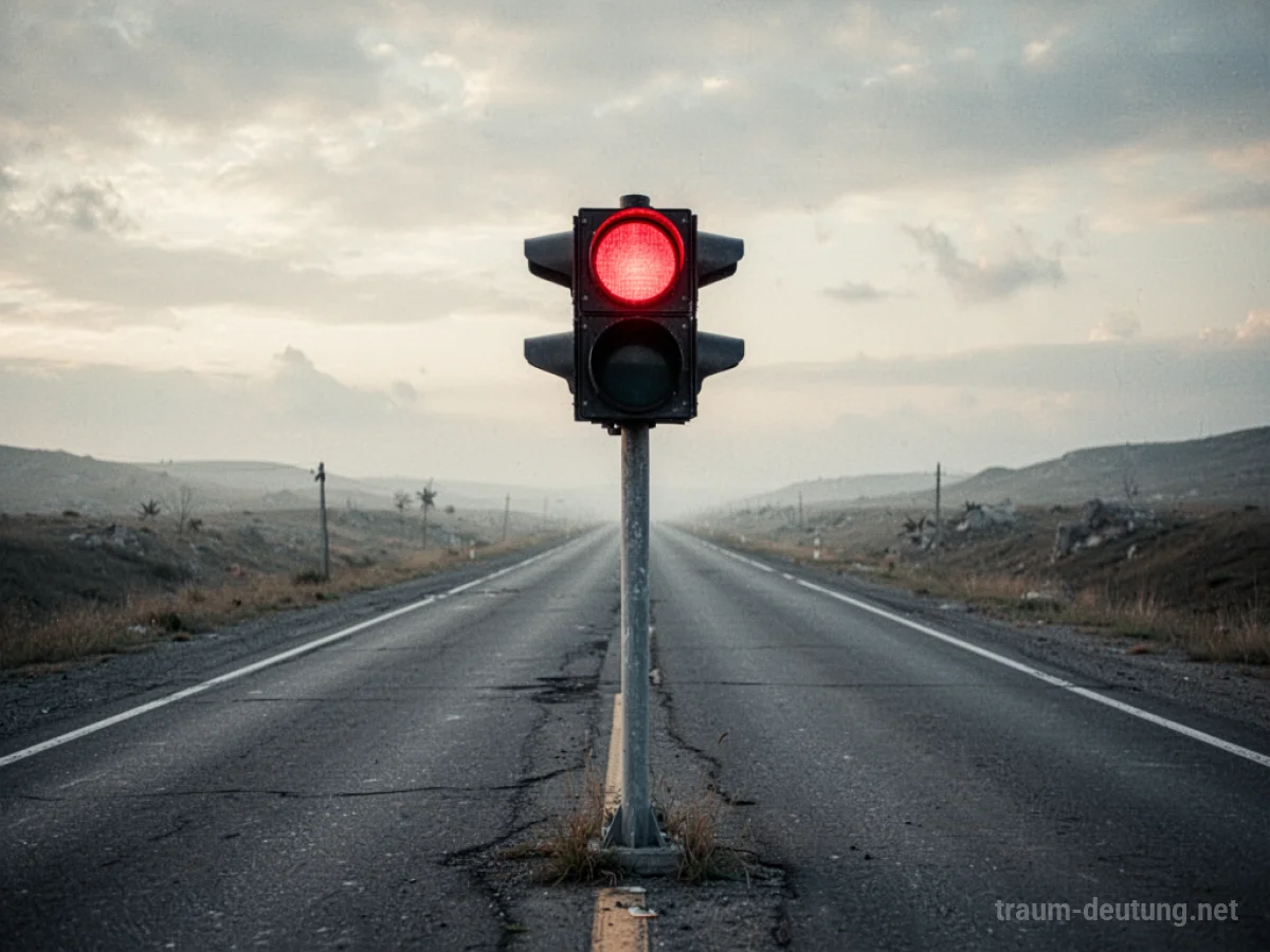 Eine rote Ampel steht allein auf einer leeren Straße, die kein Fahrzeug zeigt.